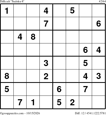 The grouppuzzles.com Difficult Sudoku-8 puzzle for Thursday October 15, 2026