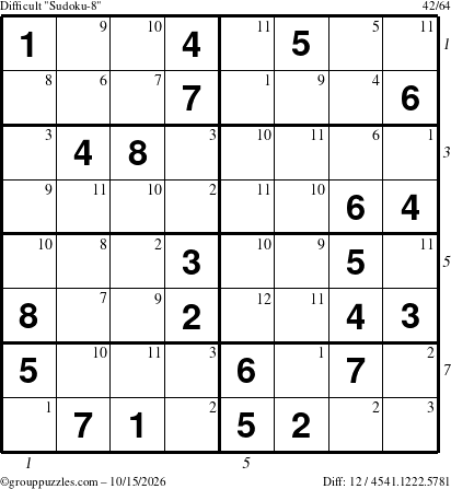 The grouppuzzles.com Difficult Sudoku-8 puzzle for Thursday October 15, 2026 with all 12 steps marked