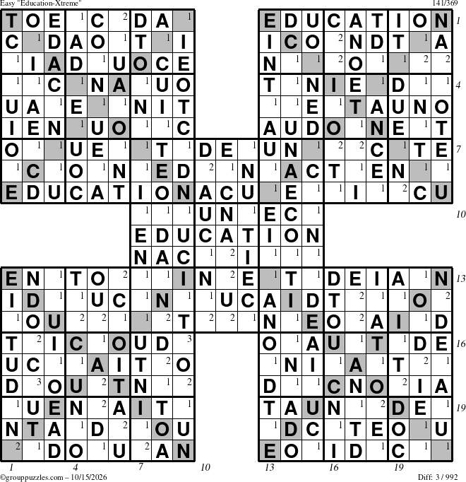 The grouppuzzles.com Easy Education-Xtreme puzzle for Thursday October 15, 2026 with all 3 steps marked