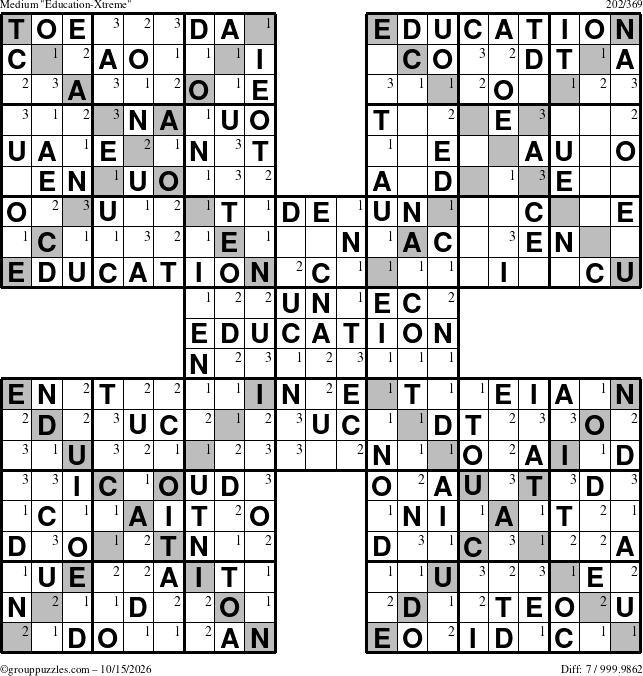 The grouppuzzles.com Medium Education-Xtreme puzzle for Thursday October 15, 2026 with the first 3 steps marked