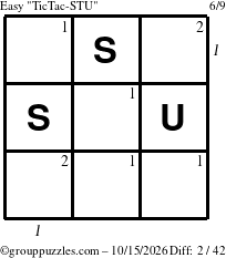 The grouppuzzles.com Easy TicTac-STU puzzle for Thursday October 15, 2026 with all 2 steps marked