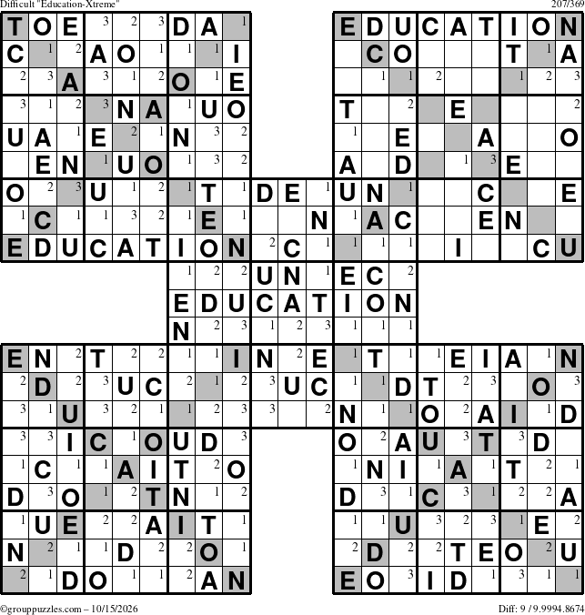 The grouppuzzles.com Difficult Education-Xtreme puzzle for Thursday October 15, 2026 with the first 3 steps marked