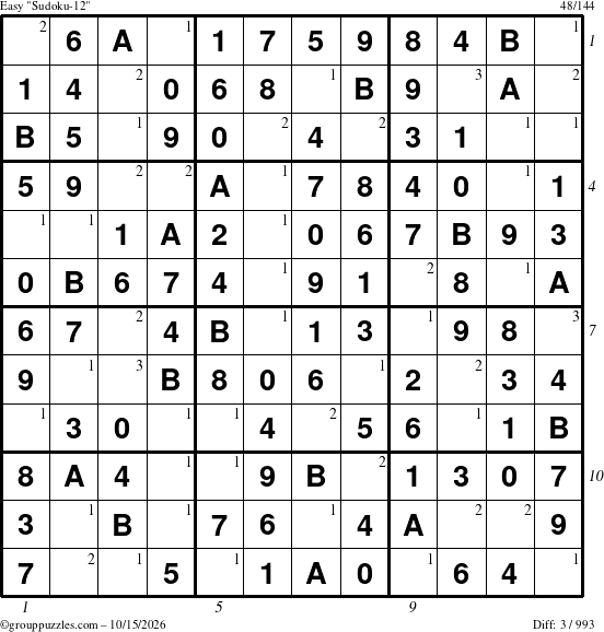 The grouppuzzles.com Easy Sudoku-12 puzzle for Thursday October 15, 2026, suitable for printing, with all 3 steps marked