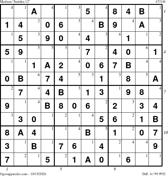 The grouppuzzles.com Medium Sudoku-12 puzzle for Thursday October 15, 2026, suitable for printing, with all 6 steps marked