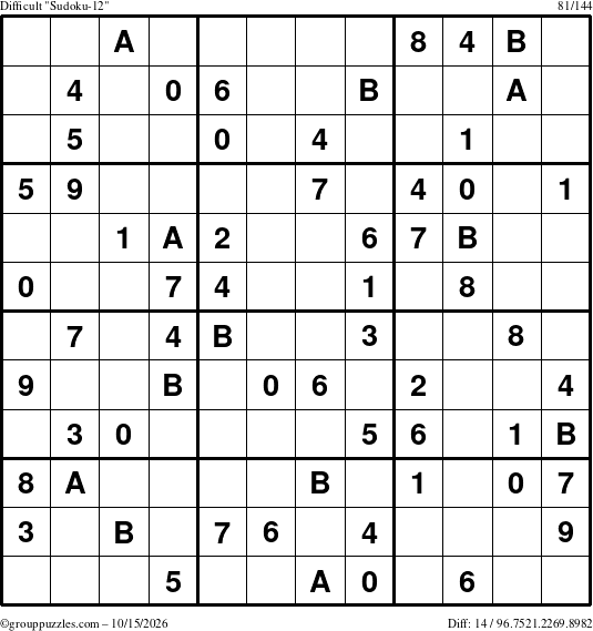 The grouppuzzles.com Difficult Sudoku-12 puzzle for Thursday October 15, 2026