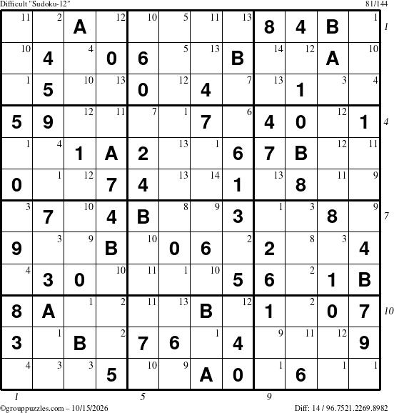 The grouppuzzles.com Difficult Sudoku-12 puzzle for Thursday October 15, 2026, suitable for printing, with all 14 steps marked