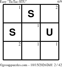 The grouppuzzles.com Easy TicTac-STU puzzle for Thursday October 15, 2026 with the first 2 steps marked