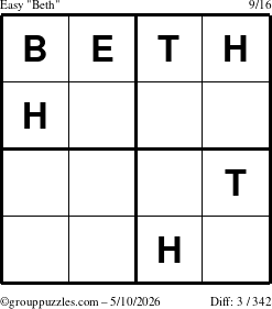 The grouppuzzles.com Easy Beth puzzle for Sunday May 10, 2026