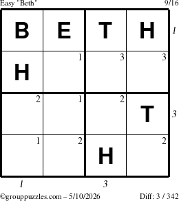 The grouppuzzles.com Easy Beth puzzle for Sunday May 10, 2026 with all 3 steps marked