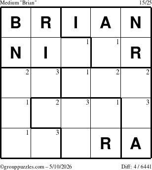 The grouppuzzles.com Medium Brian puzzle for Sunday May 10, 2026 with the first 3 steps marked
