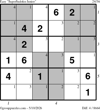 The grouppuzzles.com Easy SuperSudoku-Junior puzzle for Sunday May 10, 2026, suitable for printing, with all 4 steps marked