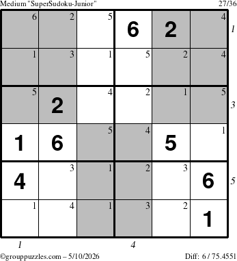The grouppuzzles.com Medium SuperSudoku-Junior puzzle for Sunday May 10, 2026 with all 6 steps marked