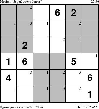 The grouppuzzles.com Medium SuperSudoku-Junior puzzle for Sunday May 10, 2026 with the first 3 steps marked