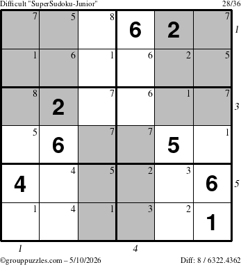 The grouppuzzles.com Difficult SuperSudoku-Junior puzzle for Sunday May 10, 2026, suitable for printing, with all 8 steps marked