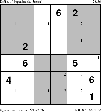 The grouppuzzles.com Difficult SuperSudoku-Junior puzzle for Sunday May 10, 2026 with the first 3 steps marked