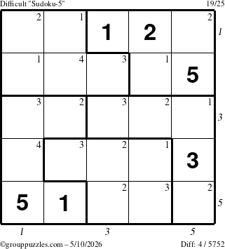 The grouppuzzles.com Difficult Sudoku-5 puzzle for Sunday May 10, 2026, suitable for printing, with all 4 steps marked