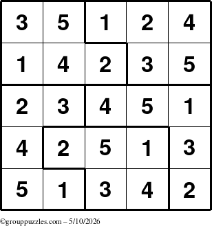 The grouppuzzles.com Answer grid for the Sudoku-5 puzzle for Sunday May 10, 2026