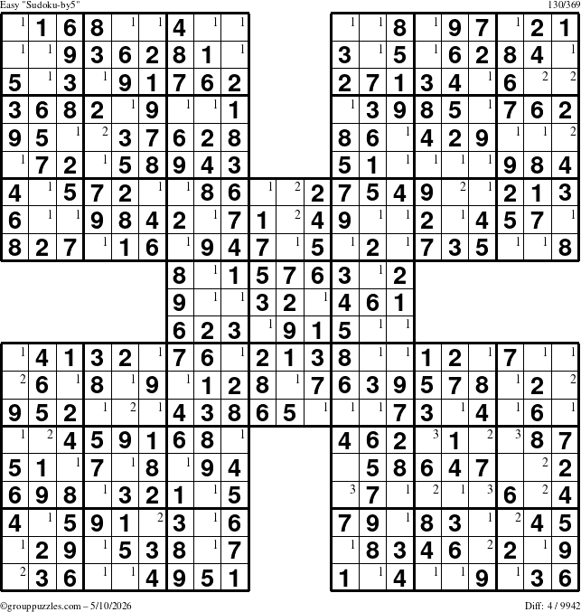 The grouppuzzles.com Easy Sudoku-by5 puzzle for Sunday May 10, 2026 with the first 3 steps marked
