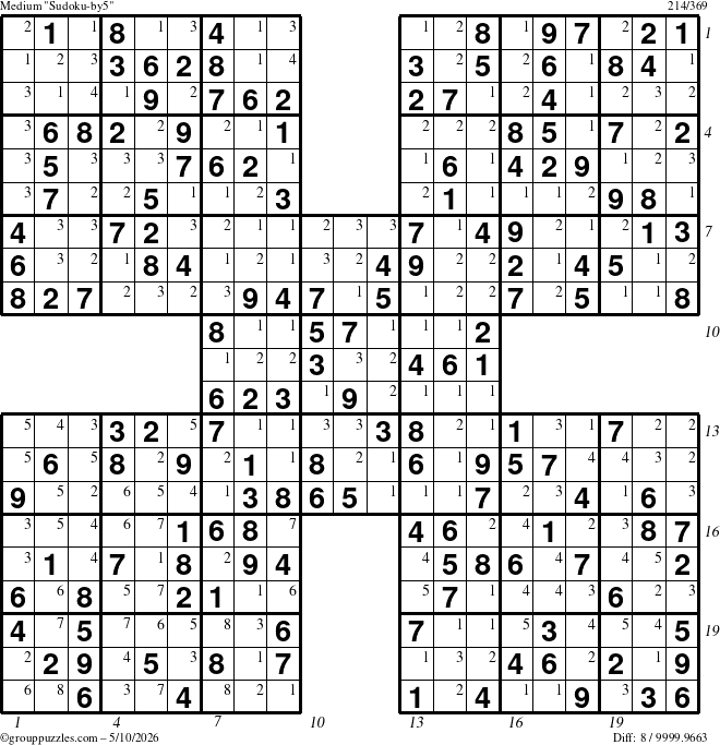 The grouppuzzles.com Medium Sudoku-by5 puzzle for Sunday May 10, 2026, suitable for printing, with all 8 steps marked