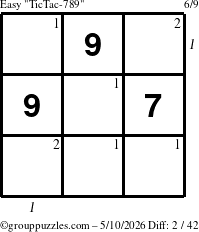The grouppuzzles.com Easy TicTac-789 puzzle for Sunday May 10, 2026 with all 2 steps marked