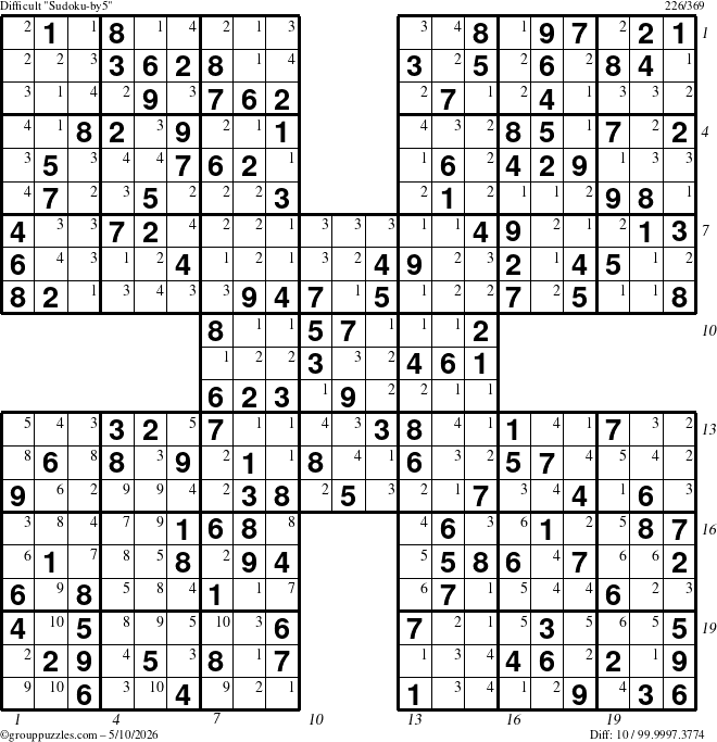 The grouppuzzles.com Difficult Sudoku-by5 puzzle for Sunday May 10, 2026, suitable for printing, with all 10 steps marked