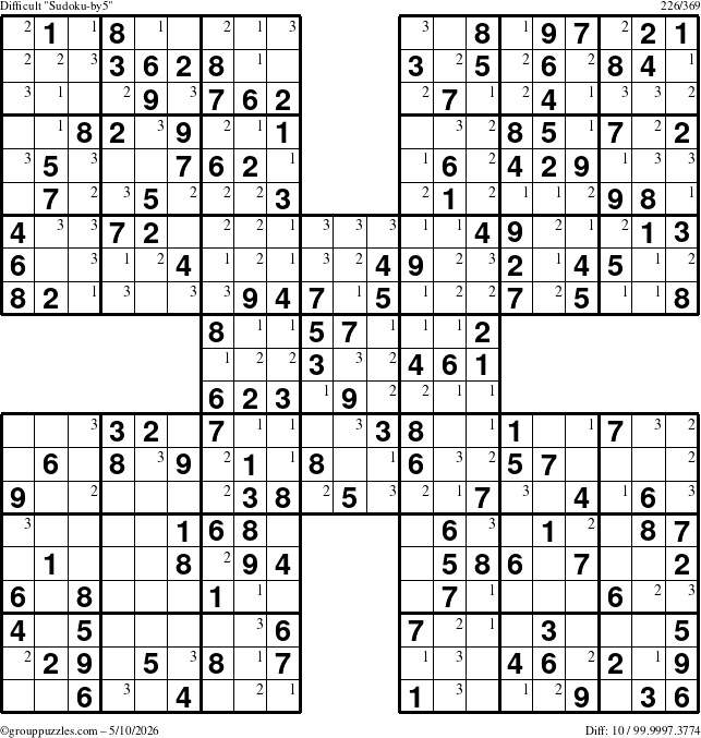 The grouppuzzles.com Difficult Sudoku-by5 puzzle for Sunday May 10, 2026 with the first 3 steps marked