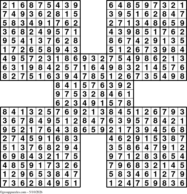 The grouppuzzles.com Answer grid for the Sudoku-by5 puzzle for Sunday May 10, 2026