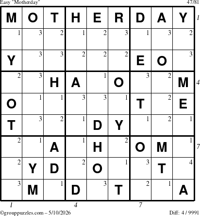 The grouppuzzles.com Easy Motherday puzzle for Sunday May 10, 2026, suitable for printing, with all 4 steps marked