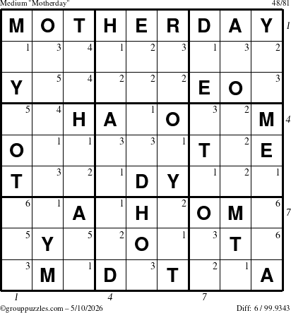 The grouppuzzles.com Medium Motherday puzzle for Sunday May 10, 2026 with all 6 steps marked