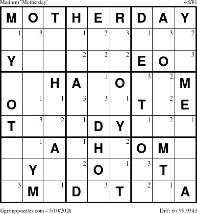 The grouppuzzles.com Medium Motherday puzzle for Sunday May 10, 2026 with the first 3 steps marked