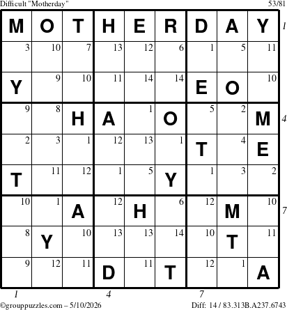 The grouppuzzles.com Difficult Motherday puzzle for Sunday May 10, 2026 with all 14 steps marked