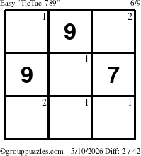 The grouppuzzles.com Easy TicTac-789 puzzle for Sunday May 10, 2026 with the first 2 steps marked