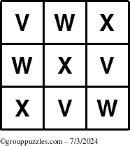 The grouppuzzles.com Answer grid for the TicTac-VWX puzzle for Wednesday July 3, 2024