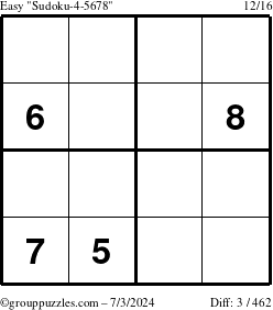 The grouppuzzles.com Easy Sudoku-4-5678 puzzle for Wednesday July 3, 2024