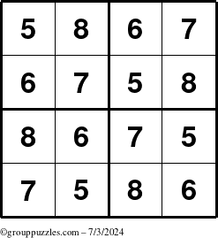 The grouppuzzles.com Answer grid for the Sudoku-4-5678 puzzle for Wednesday July 3, 2024