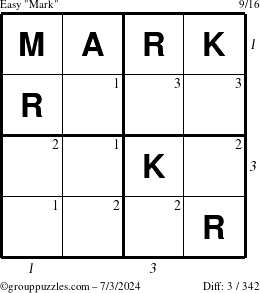 The grouppuzzles.com Easy Mark puzzle for Wednesday July 3, 2024 with all 3 steps marked