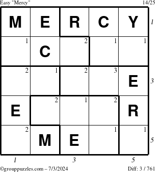 The grouppuzzles.com Easy Mercy puzzle for Wednesday July 3, 2024 with all 3 steps marked