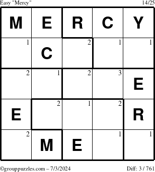 The grouppuzzles.com Easy Mercy puzzle for Wednesday July 3, 2024 with the first 3 steps marked