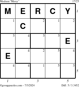 The grouppuzzles.com Medium Mercy puzzle for Wednesday July 3, 2024 with all 5 steps marked