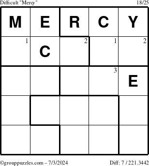 The grouppuzzles.com Difficult Mercy puzzle for Wednesday July 3, 2024 with the first 3 steps marked