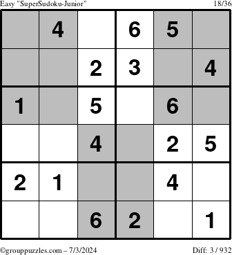 The grouppuzzles.com Easy SuperSudoku-Junior puzzle for Wednesday July 3, 2024