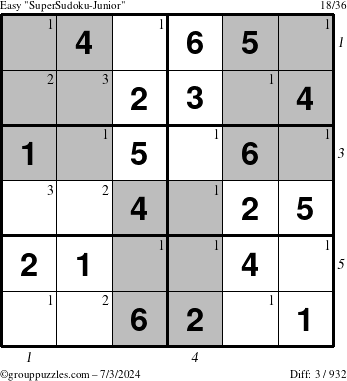 The grouppuzzles.com Easy SuperSudoku-Junior puzzle for Wednesday July 3, 2024 with all 3 steps marked