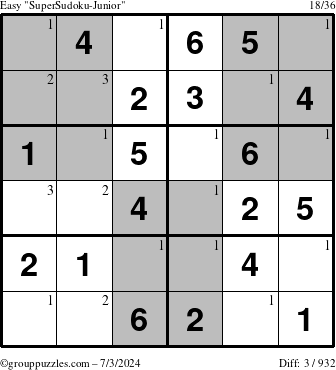 The grouppuzzles.com Easy SuperSudoku-Junior puzzle for Wednesday July 3, 2024 with the first 3 steps marked