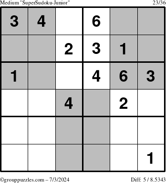 The grouppuzzles.com Medium SuperSudoku-Junior puzzle for Wednesday July 3, 2024