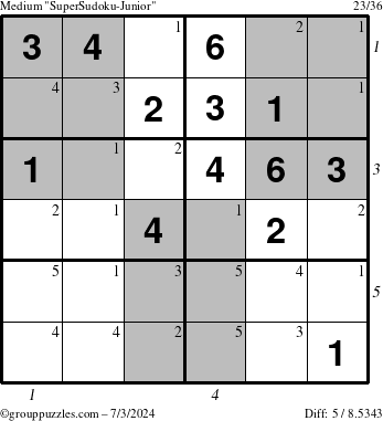 The grouppuzzles.com Medium SuperSudoku-Junior puzzle for Wednesday July 3, 2024, suitable for printing, with all 5 steps marked