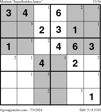 The grouppuzzles.com Medium SuperSudoku-Junior puzzle for Wednesday July 3, 2024 with the first 3 steps marked