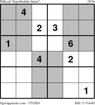 The grouppuzzles.com Difficult SuperSudoku-Junior puzzle for Wednesday July 3, 2024