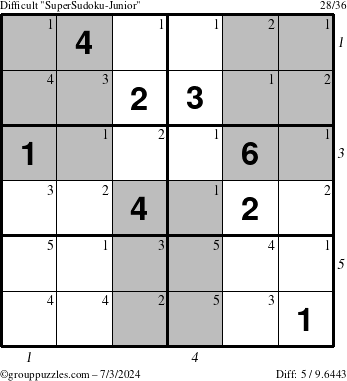 The grouppuzzles.com Difficult SuperSudoku-Junior puzzle for Wednesday July 3, 2024 with all 5 steps marked