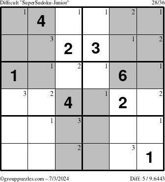 The grouppuzzles.com Difficult SuperSudoku-Junior puzzle for Wednesday July 3, 2024 with the first 3 steps marked