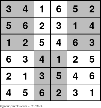 The grouppuzzles.com Answer grid for the SuperSudoku-Junior puzzle for Wednesday July 3, 2024